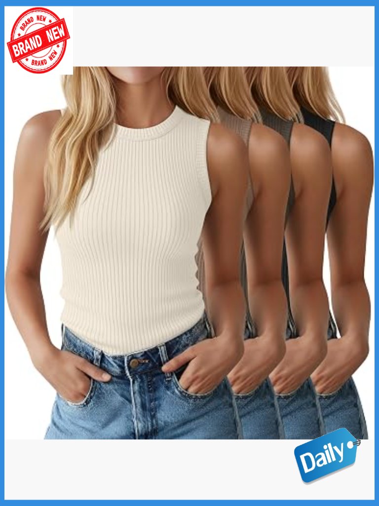 4 Pack Ribbed Tank Tops Women Cotton Crew Neck Sleeveless Fitted Cami Shirts